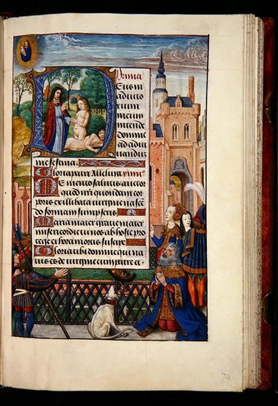 Ms 1058-1975, f.74r: Kong David ber til jomfruen og barnet og en historisk initial D som viser skapelsen av Eva, fra en timebok, Brugge, ca. 1510 (gullblekk og tempera på pergament) av Flemish School