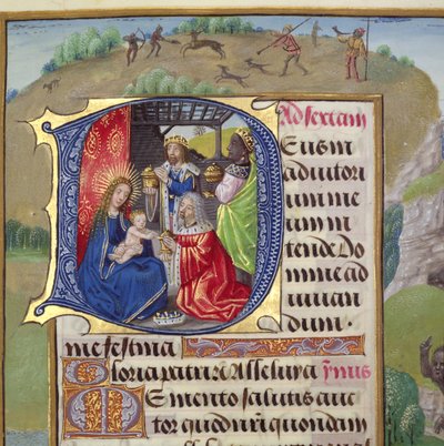 Ms 1058-1975 f.82r Historiker initial `D som viser tilbedelsen av kongene, fra en Time Books, sannsynligvis Brugge, ca. 1500-05 av Flemish School