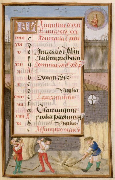 Ms 1058-1975 f8r Threshing Corn in the Barn, opplyst kalenderside for august, fra a Book of Hours, ca.1500 av Flemish School