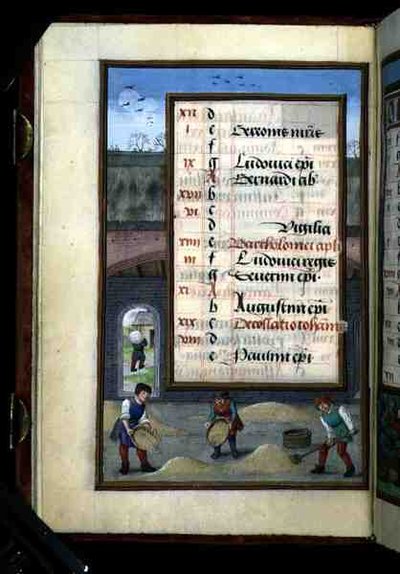 Ms 1058-1975 f8v Winnowing Corn in a låve, opplyst kalenderside for august, fra en timebok, ca. 1500 (vellum) av Flemish School