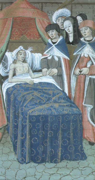 Ms Hunter 9 f.76r Pasient i seng med to leger, fra De Medina Fen I. II, av Avicenna (980-1037) av Flemish School