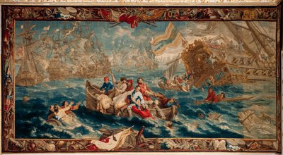 Slottet (Schlossanlage Schleissheim). flamsk billedvev. Brussels atelier Judocus De Vos. Design Lambert De Hondt. Sjøslaget ved La Hogue (slaget ved La Hogue). 400x792 cm. Ull og silke. Omtrent 1715 - 1724. av Flemish School