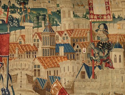 Parish museum for gobeliner (Parish Museum of Pastrana Tapestries). flamsk billedvev. Conquest of Tanger (Taking of Tangier, De inname van Tanger). Seriens erobringer av kong Alfonso I av Portugal. Tournai. Ull og silke av Flemish School