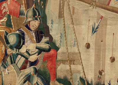 Parish museum for billedvev (Pastrana Parish Museum of Tapestries). flamsk billedvev. Landingen ved Arzila (Landingen ved Arzila, Desembarco og Arzila). Series Conquests of King Alfonso I of Portugal (Conquests of King Alfonso V of Portugal). Turnering. Ul av Flemish School