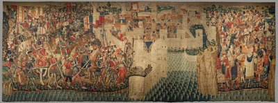 Parish museum for gobeliner (Parish Museum of Pastrana Tapestries). flamsk billedvev. Conquest of Tanger (Taking of Tangier, De inname van Tanger). Seriens erobringer av kong Alfonso I av Portugal. Tournai. Ull og silke av Flemish School