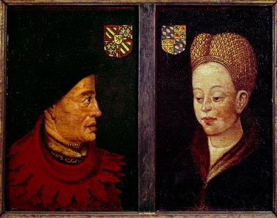 Portrett av Johannes uten frykt, hertugen av Burgund (1371-1419) og Marguerite de Baviere, hertuginne av Burgund (1363-1423) Tremaleri av den flamske skolen. Gent fra 1400-tallet, Museum of Fine Arts av Flemish School