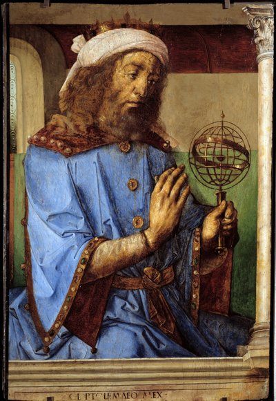 Portrett av Ptolemaeus (Claudius Ptolemaeus, ca. 90-168), gresk astronom. Maleri av Pedro Berruguete (ca. 1450-før 1504) og Just Of Ghent (1435-1480) Ec. Flam av Flemish School