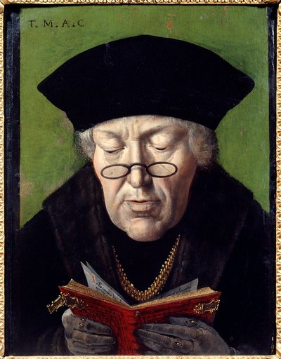 Portrett av Thomas More (1478-1535), humanist. Humanisten er representert med briller som leser en bok. Maleri av den flamske skole av Flemish School