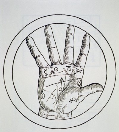 Posisjonen til planetene på høyre hånd, kopi av en illustrasjon fra De Occulta Philosophia Libri III, av Henricus Cornelius Agrippa, Antwerpen 1533, brukt i en magihistorie, utgitt sent på 1800-tallet av Flemish School