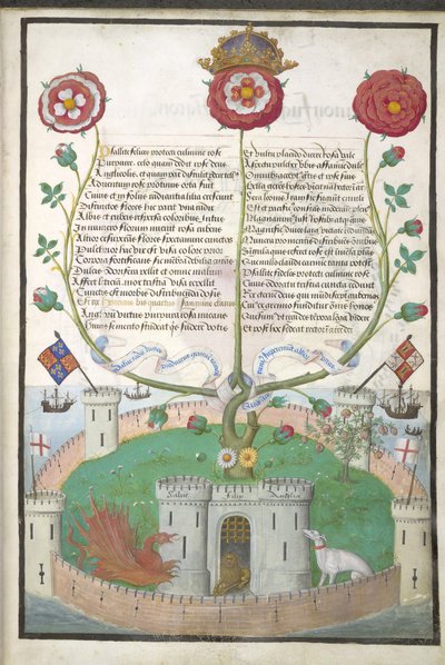 Royal MS 11 E Xl fol.2 Vers med Tudor-symboler, ca. 1516 (vellum) av Flemish School