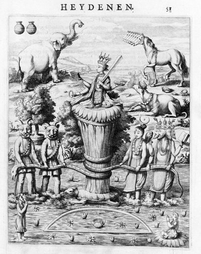 Samudramathana, med deltakelse av Deva (Surya, Shiva, Vishnu, Brahma) med demoner og fjell. Ifølge Baldaeus Philippus Afgoderye der oost-indische Heydenen. Amsterdam 1672 av Flemish School