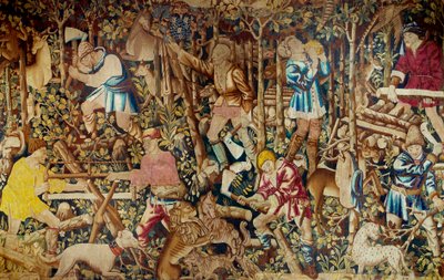 Scener med høsting og vedhogger. Tapetet av den flamske skolen. Tournai. Paris fra 1400-tallet, dekorativ kunst av Flemish School