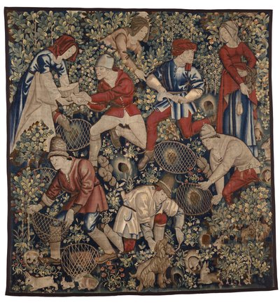 Tapet som viser bønder som jakter på kaniner med ildere, Tournai, ca. 1450-75 (ull) av Flemish School