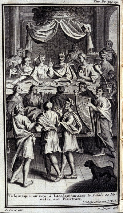 Telemaque blir mottatt i Lacedemone i Menelas-palasset med Pisistrate. Illustrasjon for bok IV av Odyssee of Homere, i Odyssee, utgitt i Amsterdam i 1731, Milano. av Flemish School