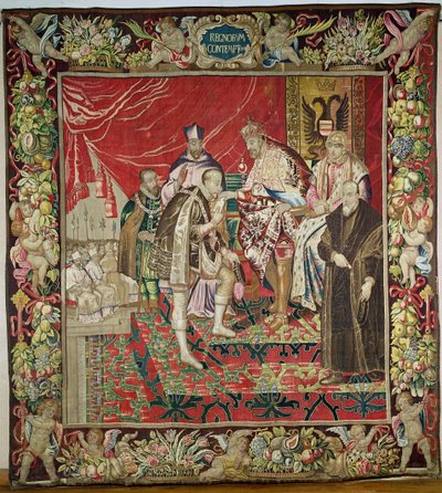 The Abdication of Charles V (1500-58) fra The Tapestry of Charles Quint, ca. 1630-40 av Flemish School