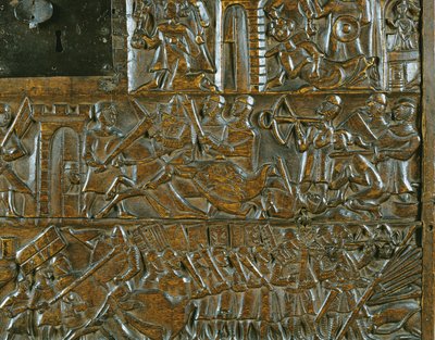 Courtrai-kisten som skildrer opprøret i Brugge 18. mai, under slaget ved Golden Spurs utkjempet i Courtrai i 1302 (tre) (detalj) av Flemish School