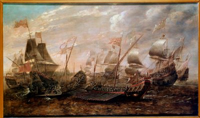 Invincible Armada sjøslaget som så nederlaget til den spanske armadaen mot den engelske flåten i august 1588, flamsk skole av Flemish School