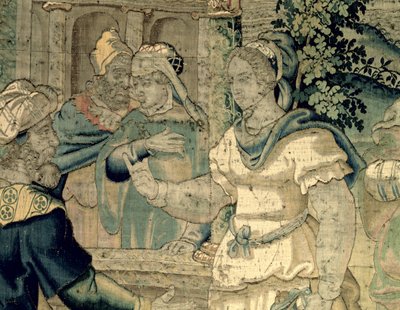 Døtrene til Jethro forteller faren deres om møtet med Moses (detalj fra 181718) av Flemish School
