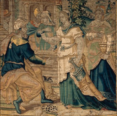 Universitetets samlinger. flamsk billedvev. Jetros døtre forteller faren sin om møtet med Moses. Detalj. Oudenaarde. Ca 1550. av Flemish School