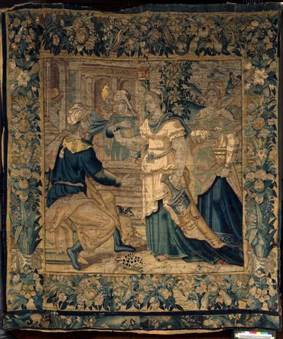 Universitetets samlinger. flamsk billedvev. Jetros døtre forteller faren sin om møtet med Moses. Oudenaarde. Ca 1550. av Flemish School