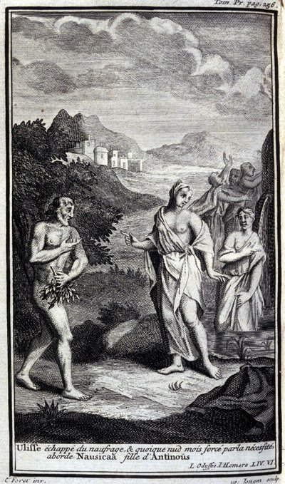Ulysses rømmer fra forliset, og selv om han er naken, men med makt av nødvendighet, nærmer han seg Nausicaa, datter av Antinous (Antinoos). Illustrasjon for bok VI av Odyssee of Homere, i Odyssee, utgitt i Amsterdam i 1731, Milano. av Flemish School