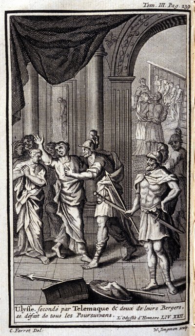 Ulysses nest etter Telemaque og to av gjeterne deres oppløste alle forfølgerne. Lustrasjon for XXII-boken til Odyssee of Homere, i Odyssee, utgitt i Amsterdam i 1731, Collection privee Milan. av Flemish School