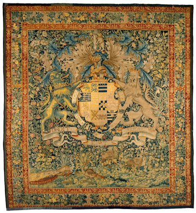 Verdure-teppe med armene til Robert Dudley, jarl av Leicester, ca. 1570-1585 (ull, silke) av Flemish School