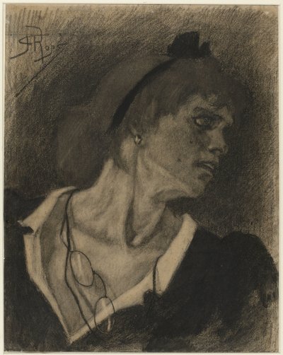 Byste av en kvinne med en lorgnett på en snor rundt halsen av Félicien Rops