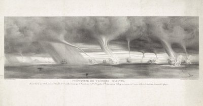 Waterhozen op zee på Sicilia, 1827 Fenomenet med vannsprut, observert i havet på Sicilia, i sikte av Stromboli, 27. juni 1827 (tittel på objekt) av Félix Achille Beaupoil Saint Aulaire