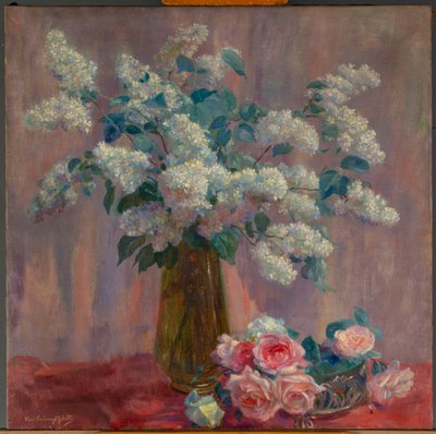 Syrin og roser (olje på lerret) av Flore Geleedts