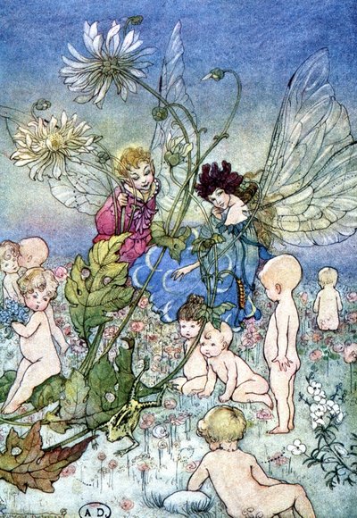 Kvinne-libelle (fe) og alv omgitt av babyer - i "My Fairyland"" av Fiona Malcom, ill. Florence Anderson av Florence Anderson