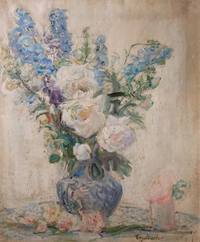 Hvite roser og delphiniums av Florence Engelbach