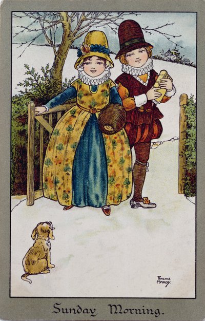 Søndag morgen, viktoriansk kort (fargelitografi) av Florence Hardy