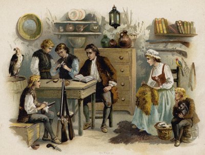 Scene fra The Swiss Family Robinson: Far leser for familien i Rock Castle (chromolitho) av Florence Maplestone