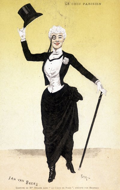 Den parisiske chicen (dandy - dandysme): Mademoiselle Réjanes kostyme i «The heart of Paris»». Kostyme av motedesigner Jan Van Beers (1852-1927), utført av Redfern. Tegning av Florian. av Florian