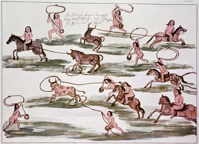 Den indiske Mocovi-metoden for jakt, illustrasjon fra 'Hacia alla y para aca' (farge litho) av Florian Paucke