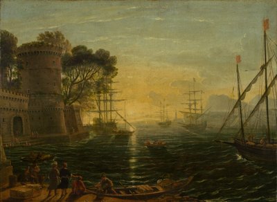 Havn ved solnedgang av Follower of Claude Lorrain
