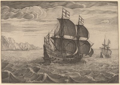 Skip i full seil med to flagg av Follower of Pieter Bruegel the Elder