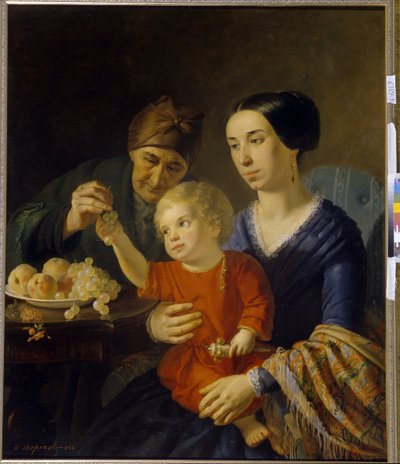 Familie portrett. En baby som holder en rangle, på morens fang, mottar noen druer gitt av bestemoren. Maleri av Foma Gavrilovich Toropov (1821-1898), olje på lerret av Foma Gavrilovich Toropov