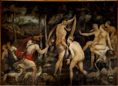 Diane (Artemis), jaktens gudinne, og Acteon, jegermaleri fra School of Fontainebleau (1500-tallet). Mål 2,65 x 3,67 m av Fontainebleau School