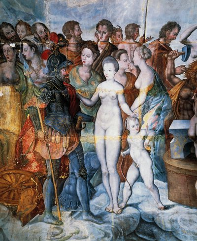 Henry II og Diane de Poitiers, fresker i det forgylte tårnet i Ligue, Fontainebleau School, Tanlay Castle (1500-1600-tallet), Burgund, Frankrike av Fontainebleau School