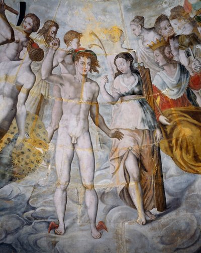 Merkur, budbringer av guder og psyke, Janus til høyre, fresker i det forgylte tårnet i Ligue, Fontainebleau-skolen, Tanlay-slottet (1500-1600-tallet), Burgund, Frankrike av Fontainebleau School