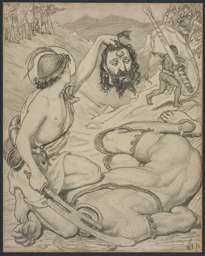 David og Goliath, tegneserie for glassmalerier ved Jesus College, Cambridge, 1872. av Ford Madox Brown