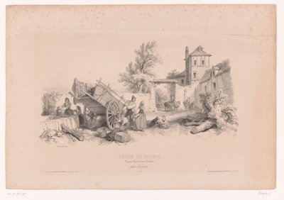 Gård med brønn, høyvogn og diverse figurer Tegnekurs med studier av landskap, dyr og detaljer (serietittel) Kurs design. Paysages, figurer, animaux, tilbehør, par Férogio (serietittel på objekt) av Fortuné Ferogio