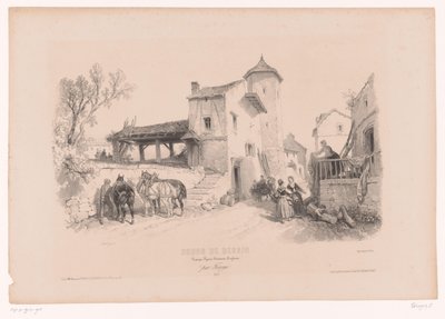 Landsbygate med hester og ulike figurer Tegnekurs med studier av landskap, dyr og detaljer (serietittel) Kurs design. Paysages, figurer, animaux, tilbehør, av Férogio (serietittel på objekt) av Fortuné Ferogio