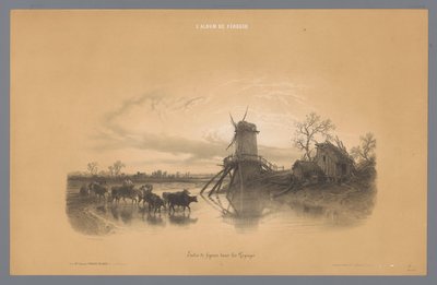 Mølle med mennesker og dyr som vasser gjennom vannet Studier av figurer i et landskap (serietittel) L