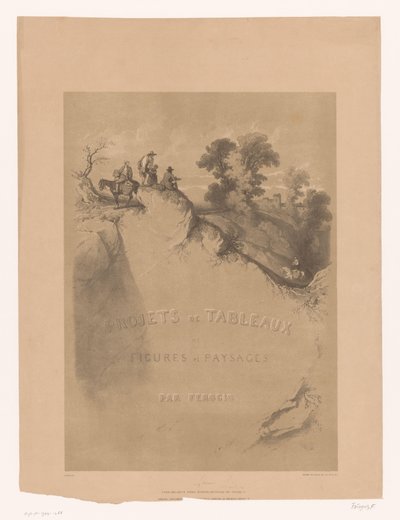 Titteltrykk med steinete landskap og reisende langs en kløft Landskap og figurstudier av Férogio (serietittel) Projets de tableaux de figures et paysages, par Férogio (serietittel på objekt) av Fortuné Ferogio