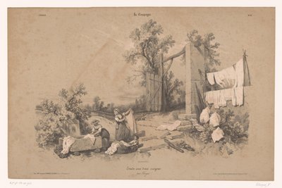 To kvinner og et barn vasker i friluft Studier av landlige scener med to typer kritt (serietittel) La kampanjen. Etude aux deux fargestifter, par Férogio (serietittel på objekt) av Fortuné Ferogio
