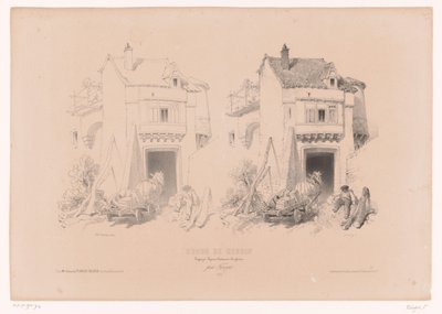 Fraktskip med hest og vogn hviler ved port Tegnekurs med studier av landskap, dyr og detaljer (serietittel) Cours de dessin. Paysages, figurer, animaux, tilbehør, par Férogio (serietittel på objekt) av Fortuné Ferogio