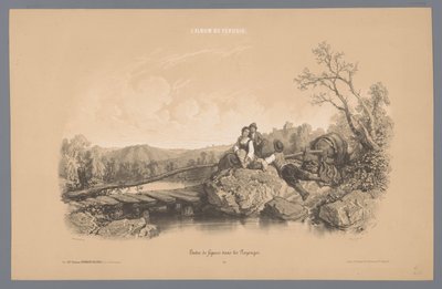 Kvinne med to gutter ved en innsjø med et slott Studier av figurer i et landskap (serietittel) L